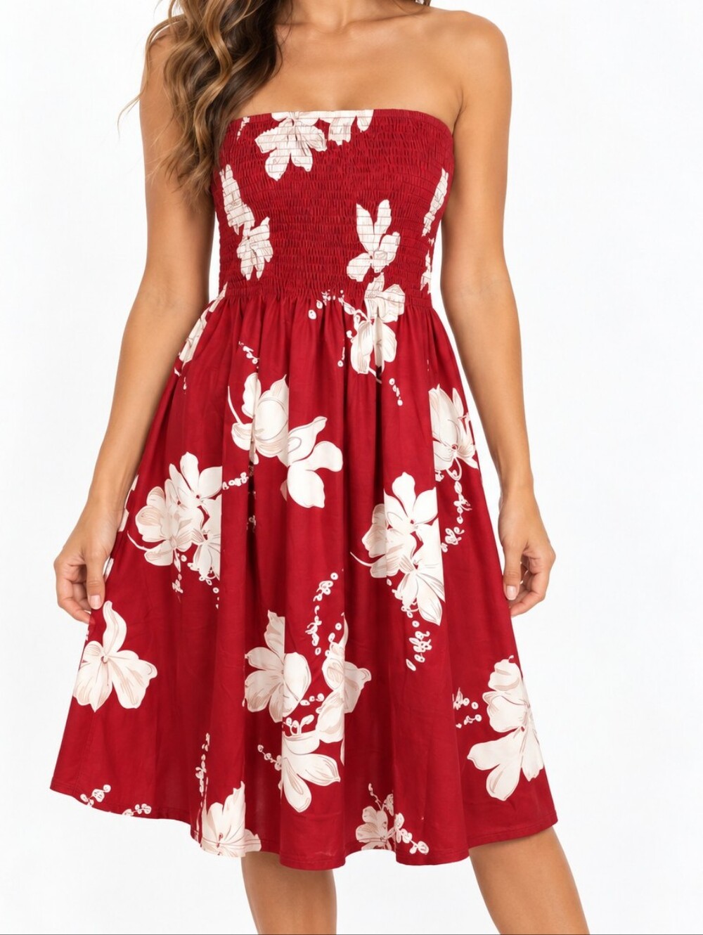 👚 NWOT Red Cream Floral Strapless Smocked Midi Dress Tropical Resort
